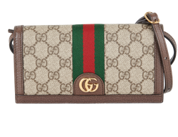 Mini Ophidia Wallet On Strap, Leather/Canvas, Beige/Brown, 2149, B/DB/S,4*